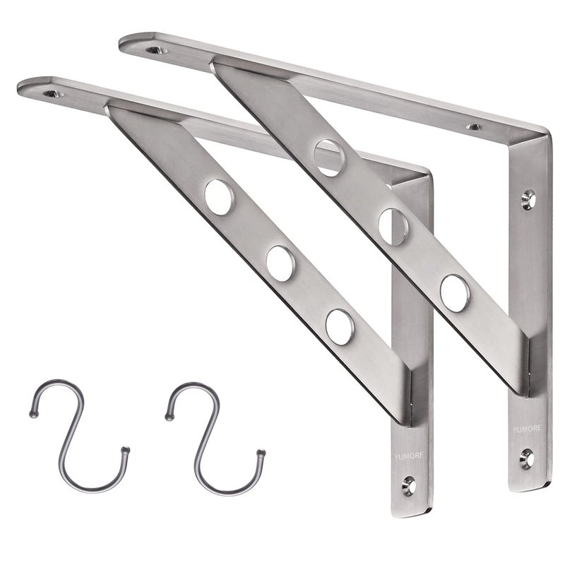 YUMORE Stainless Steel Shelf Bracket 10", Heavy Duty Solid Shelf Support Corner Brace Joint Right Angle Bracket, L Bracket with 2 S Hook, 2 Pack - Image 1